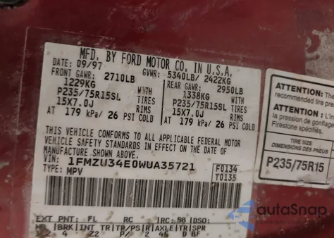 1998 Ford Explorer Eddie Bauer/Limited/Xl/Xlt z USA, uszkodzony, nr VIN 1FMZU34E0WUA35721